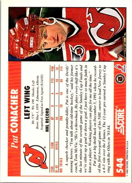 Pat Conacher New Jersey Devils Hand Signed 1992-93 Score Hockey Card 544 NM-MT