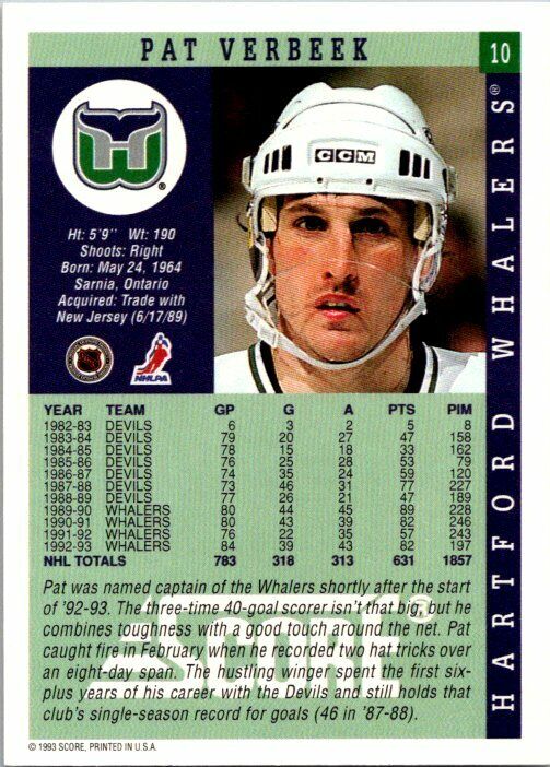 Pat Verbeek Hartford Whalers Hand Signed 1993-94 Score Hockey Card 10 NM-MT