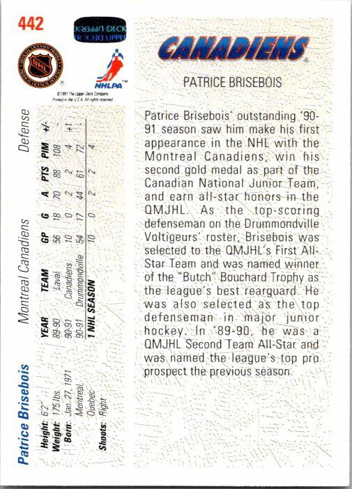 Patrick BriesBois Canadiens Hand Signed 1991-92 Upper Deck Hockey Card 442 NM