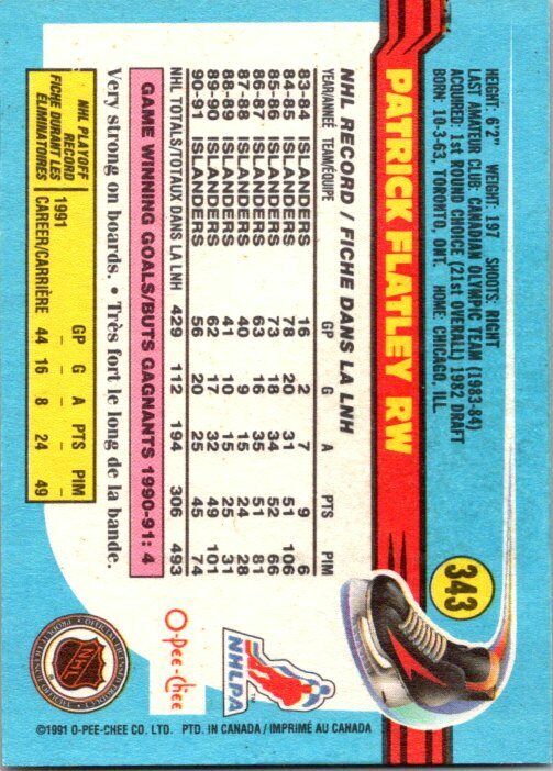 Patrick Flatley New York Islanders Hand Signed 1991-92 OPC Card 343 in NM-MT