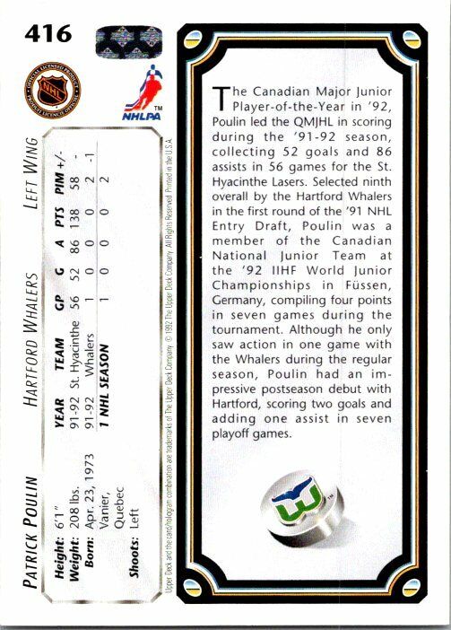 Patrick Poulin Hartford Whalers Hand Signed 1992-93 Upper Deck Hockey Card 416