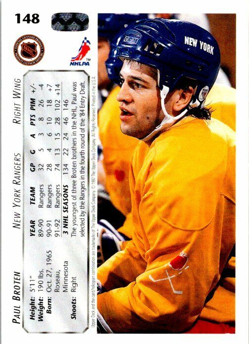 Paul Broten New York Rangers Hand Signed 1992-93 UD Hockey Card 148 NM-MT