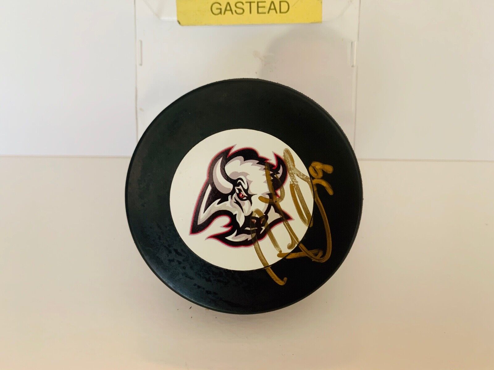 Paul Gaustead Autographed Signed IIHF Gufex Hockey Puck Buffalo Sabres Team Logo