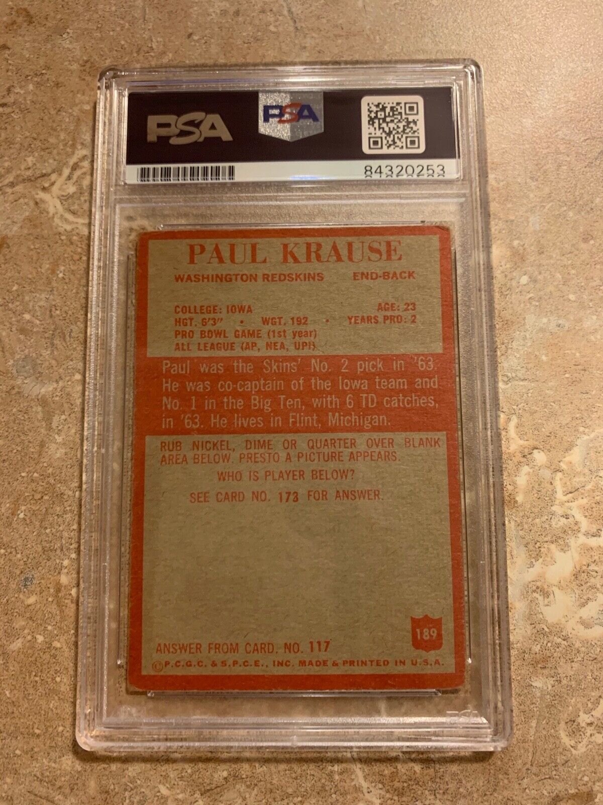 Paul Krause 1965 Philadelphia ROOKIE Autographed Card  189 PSA Slabbed B