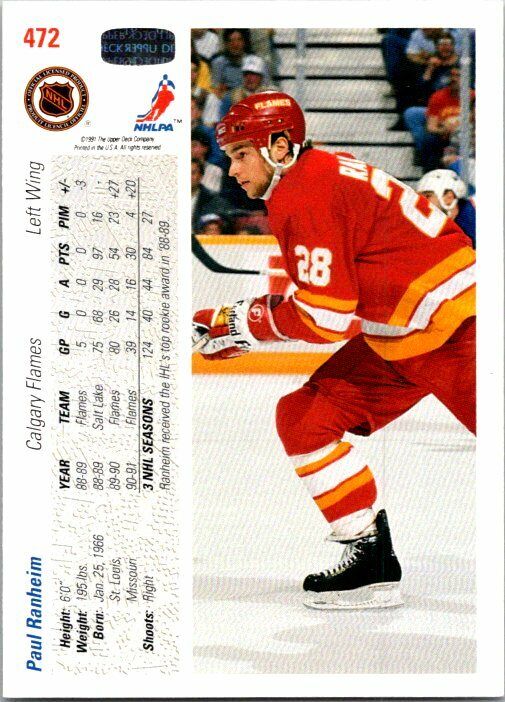 Paul Ranheim Calgary Flames Hand Signed 1991-92 UD Hockey Card 472 NM