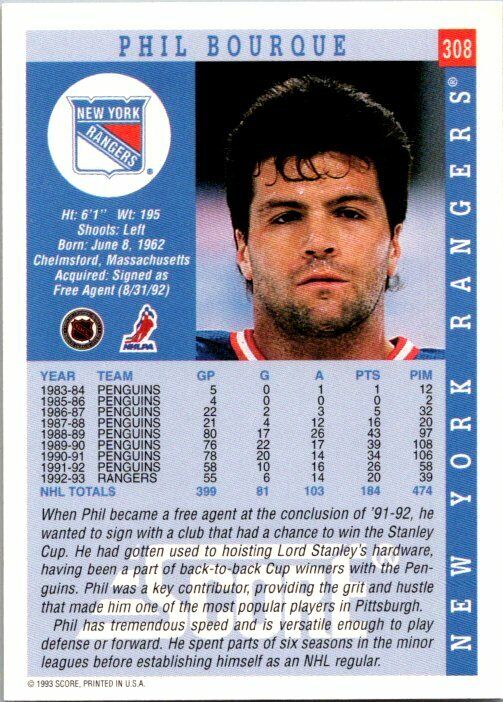 Phil Bourque New York Rangers Hand Signed 1993-94 Score Hockey Card 308 NM-MT