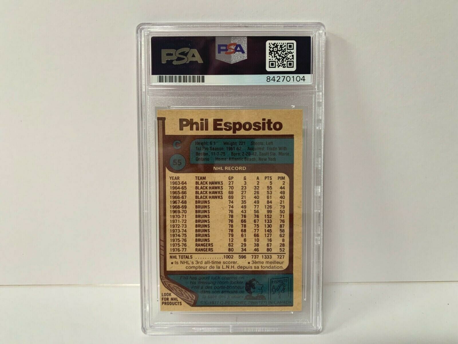 Phil Esposito Autographed Signed 77/78  OPC Card PSA Slabbed Certified 84270104