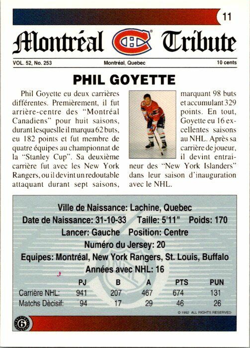 Phil Goyette Canadiens Hand Signed 1992-93 Ultimate Hockey Card 11 NM-MT