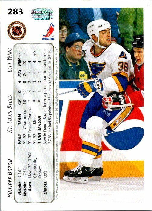 Phillippe Bozon St Louis Blues Hand Signed 1992-93 Upper Deck Hockey Card 283