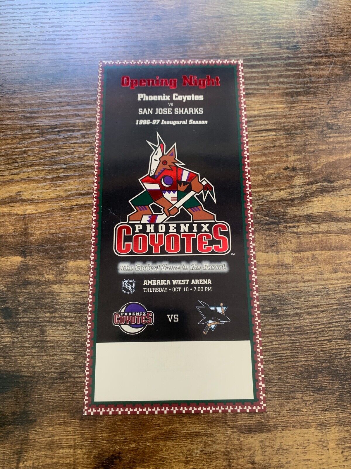 Phoenix Coyotes Inaugural Game blank ticket 4x9 commemorative ticket
