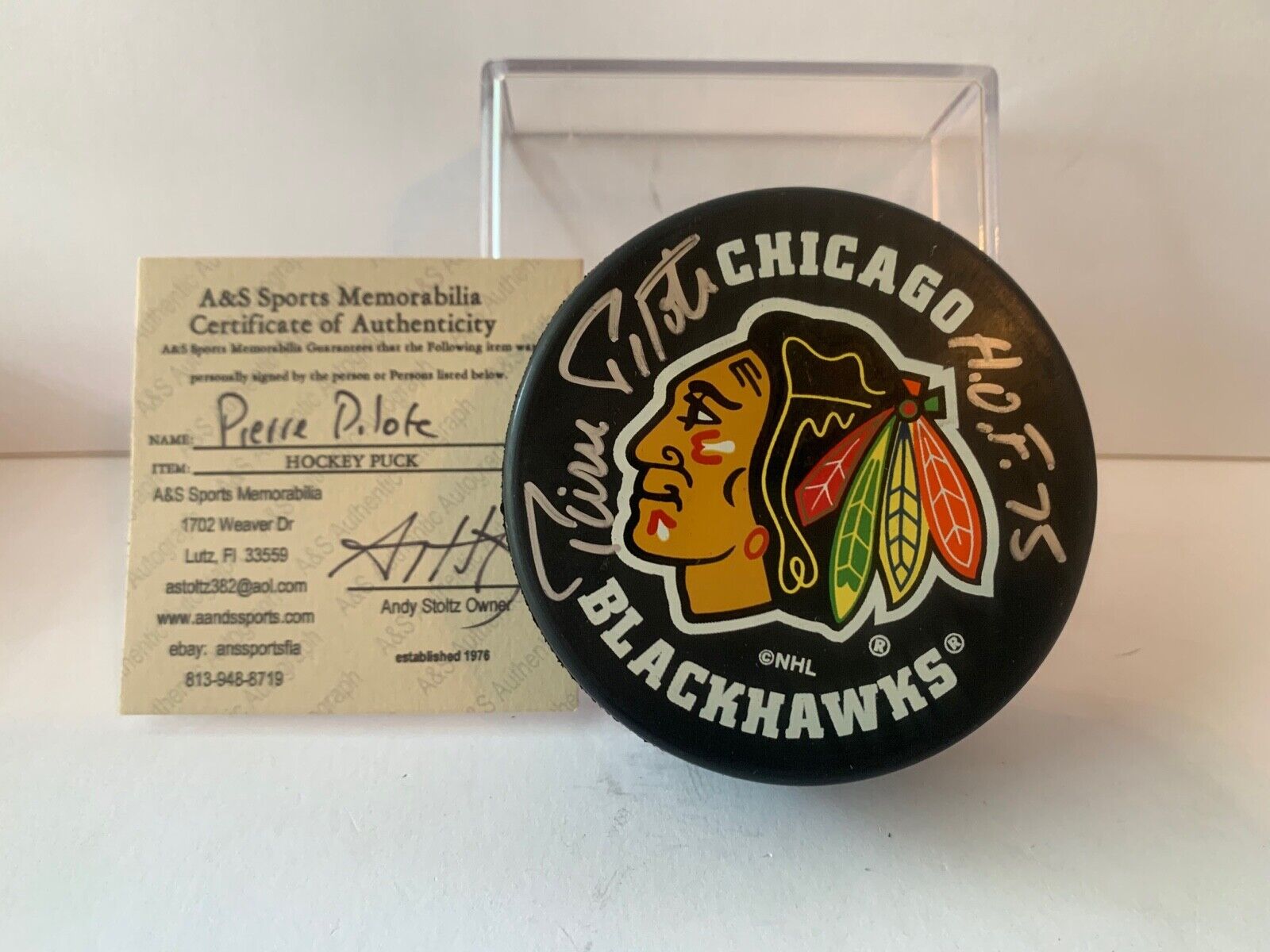 Pierre Pilote Autographed Official NHL Hockey Puck with Chicago Blackhawks Logo