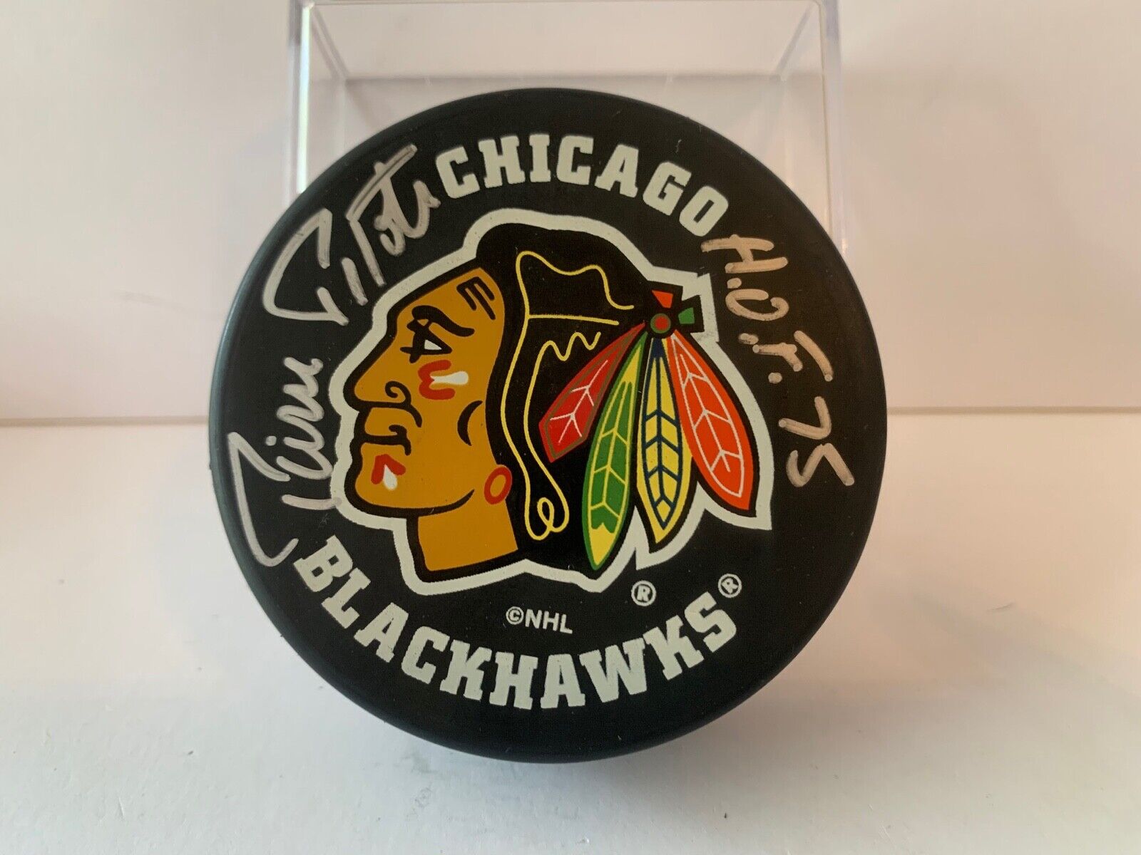 Pierre Pilote Autographed Official NHL Hockey Puck with Chicago Blackhawks Logo