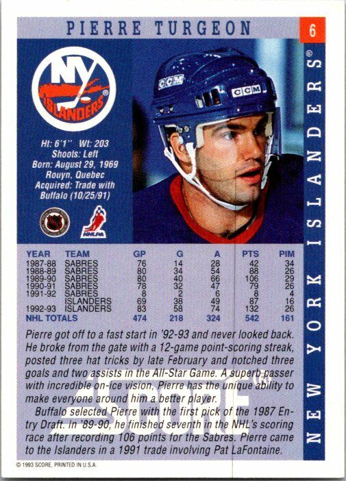 Pierre Turgeon New York Islanders Hand Signed 1993-94 Score Hockey Card 6 NM