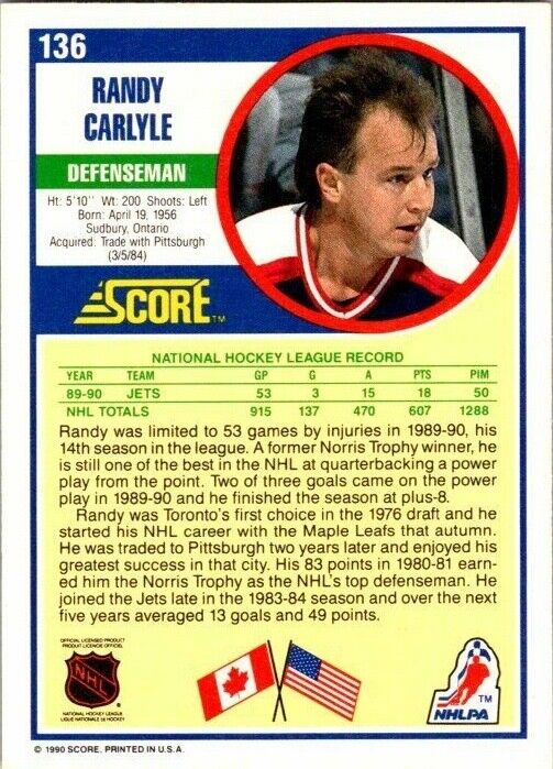 Randy Carlyle Winnipeg Jets Hand Signed 1990-91 Score Card 136 in NM-MT