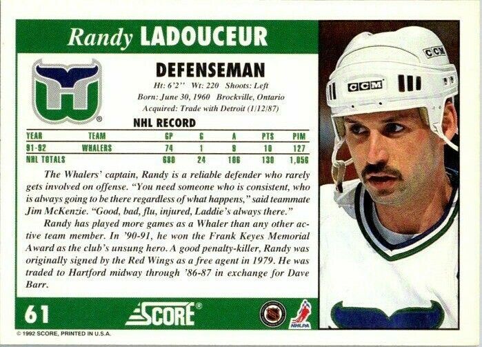 Randy Ladouceur Hartford Whalers Hand Signed 1992-93 Score Hockey Card 61 NM