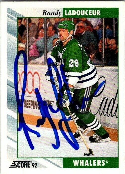 Randy Ladouceur Hartford Whalers Hand Signed 1992-93 Score Hockey Card 61 NM