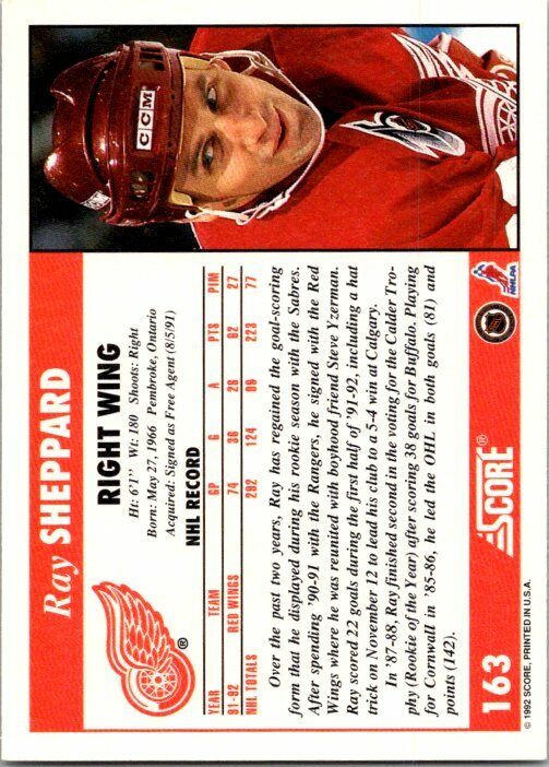 Ray Sheppard Detroit Red Wings Hand Signed 1992-93 Score Hockey Card 163 NM
