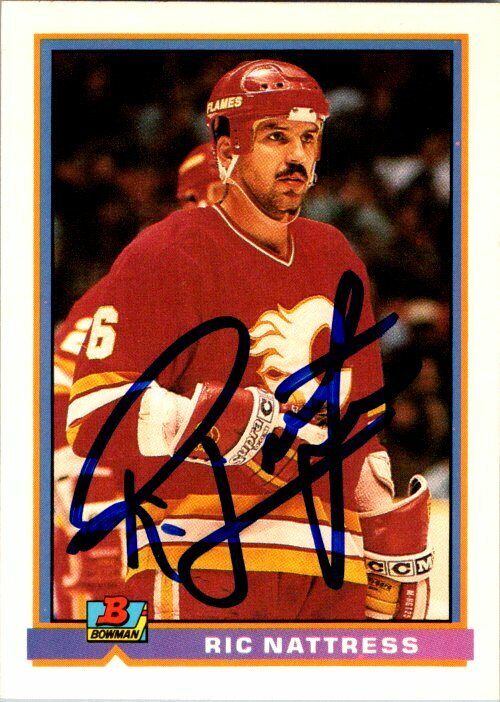 Ric Nattress Calgary Flames Hand Signed 1991-92 Bowman Topps Hockey Card 266 NM