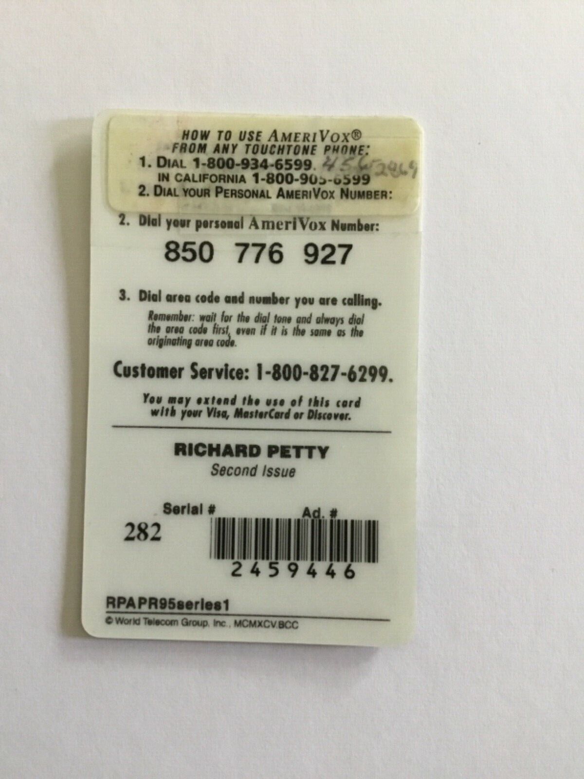 Richard Petty AmeriVox $21 Phonecard