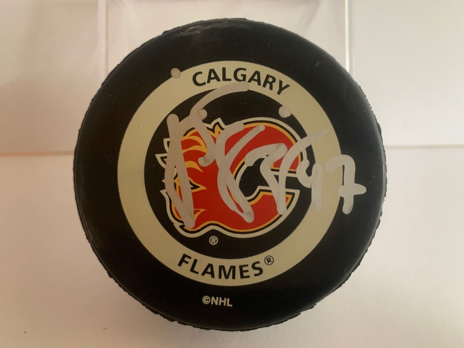 Rico Fata Autographed Official NHL Hockey Game Puck Calgary Flames Logo