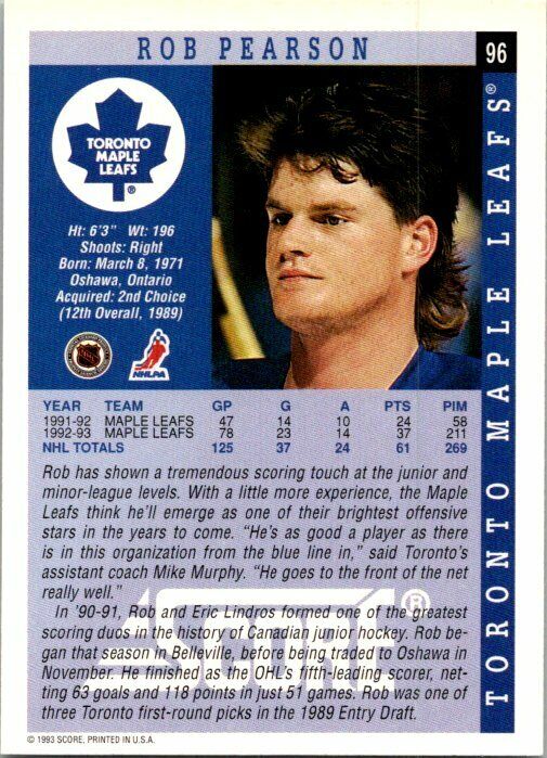 Rob Pearson Toronto Maple Leafs Hand Signed 1993-94 Score Hockey Card 96 NM