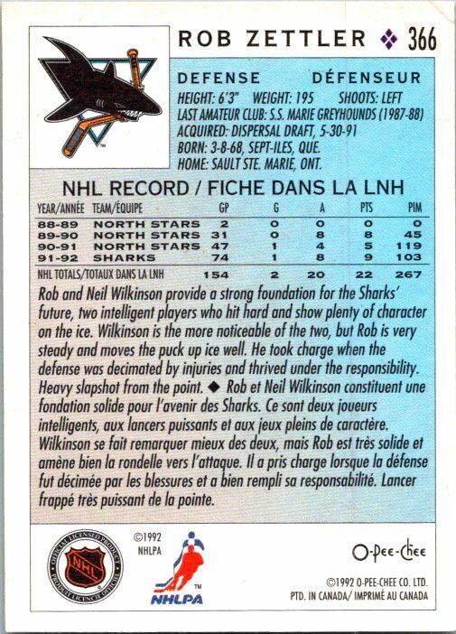 Rob Zettler San Jose Sharks Hand Signed 1992-93 O-PEE-CHEE Hockey Card 366 EX
