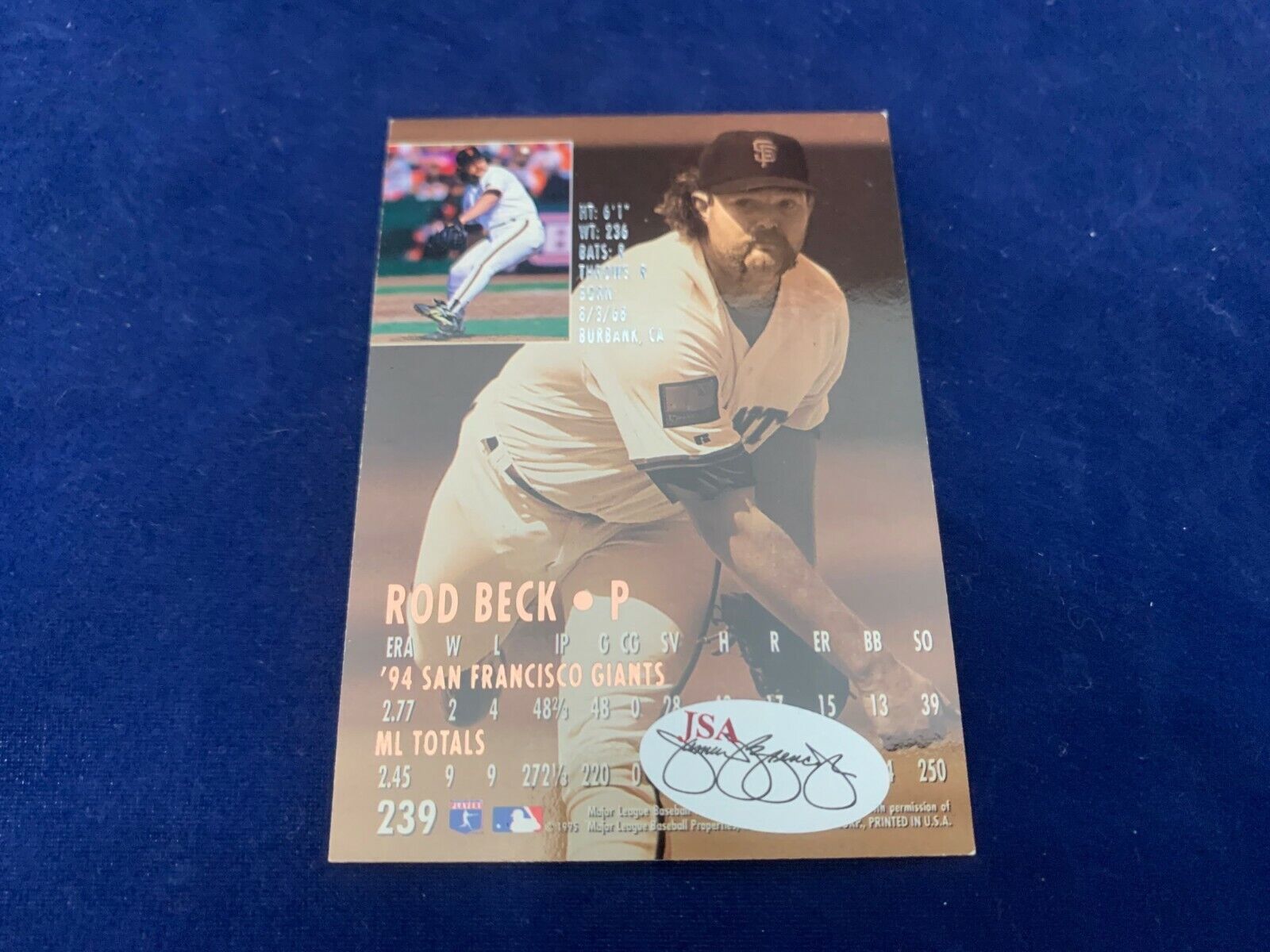 Rod Beck New York Giants 1996 Fleer Ultra Signed Card JSA SOA in NM MT