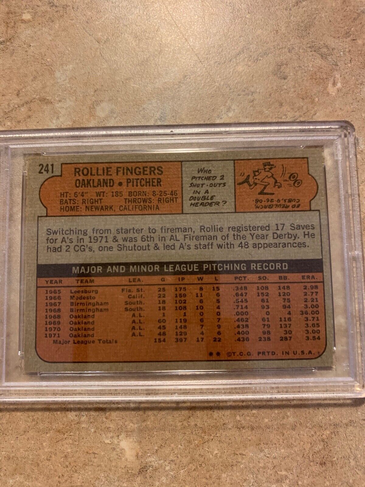 Rollie Fingers Autographed 1972 Topps Card 241 PSA Certified & Slabbed