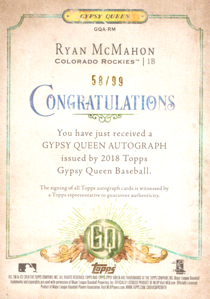 Ryan McMahon 2018 Gypsey Queen Auto Signed card 56/99 NM-MT