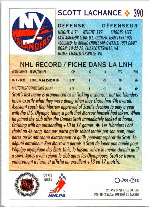 Scott Lachance New York Islanders Hand Signed OPC Hockey Card 390 in NM-MT