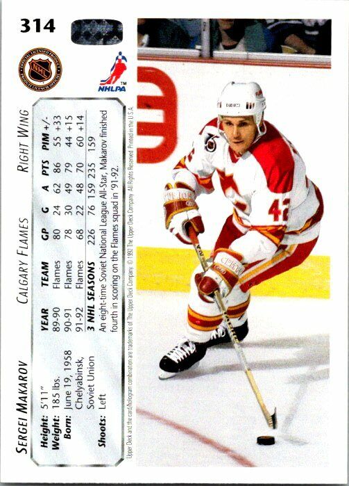 Sergei Makarov Calgary Flames Hand Signed 1992-93 UD Hockey Card 314 NM-MT