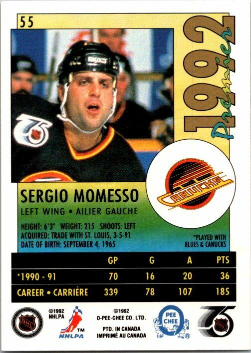 Sergio Momesso Vancouver Canucks Hand Signed 1991-92 OPC Hockey Card 55 NM