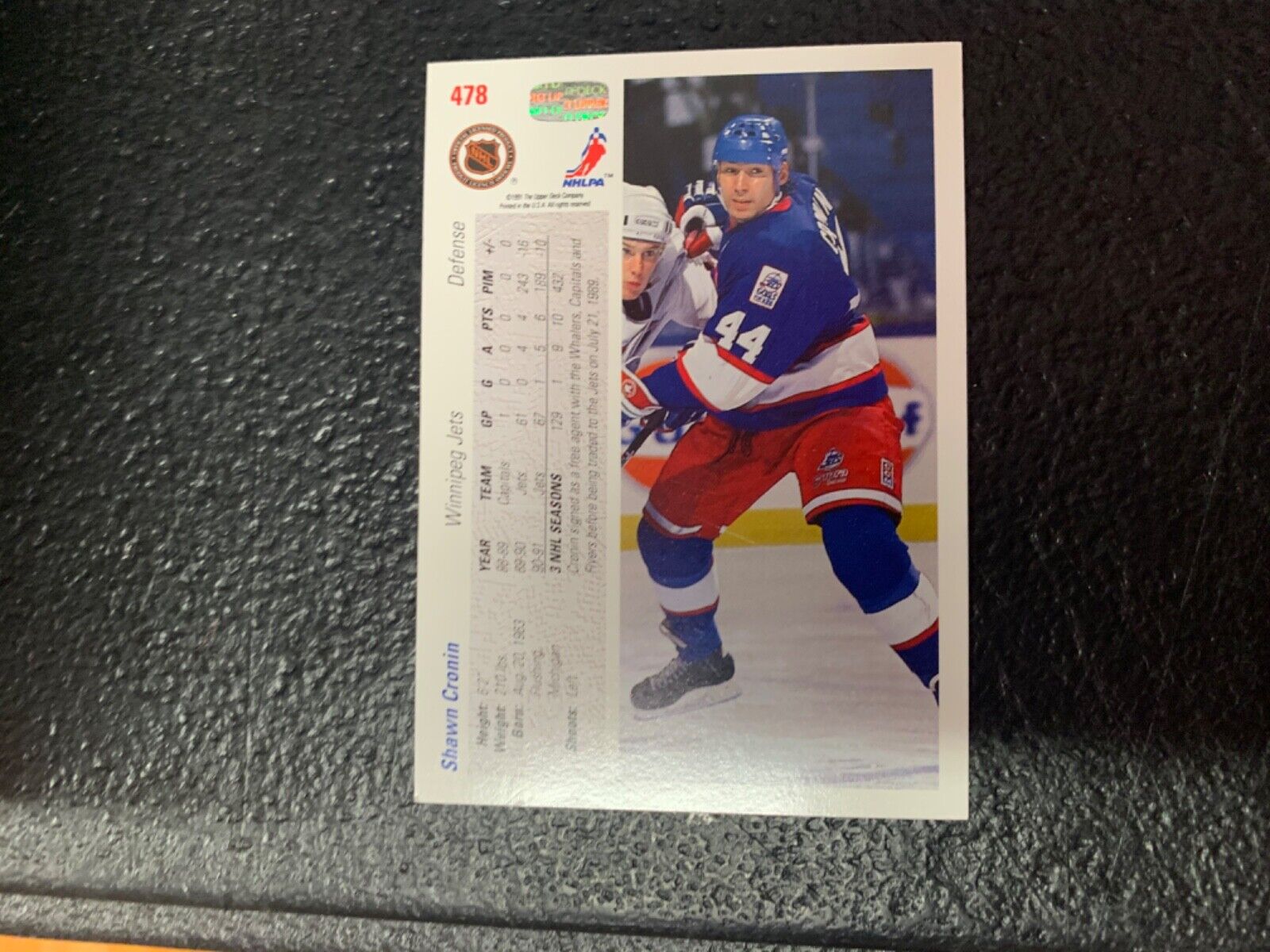 Shawn Cronin Winnipeg Jets Hand Signed 1991-92 UD Hockey Card 478 NM-MT