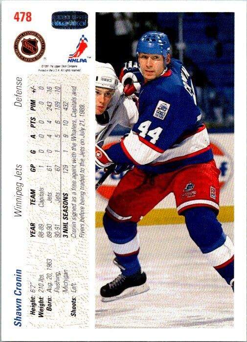 Shawn Cronin Winnipeg Jets Hand Signed 1991-92 UD Hockey Card 478 NM-MT