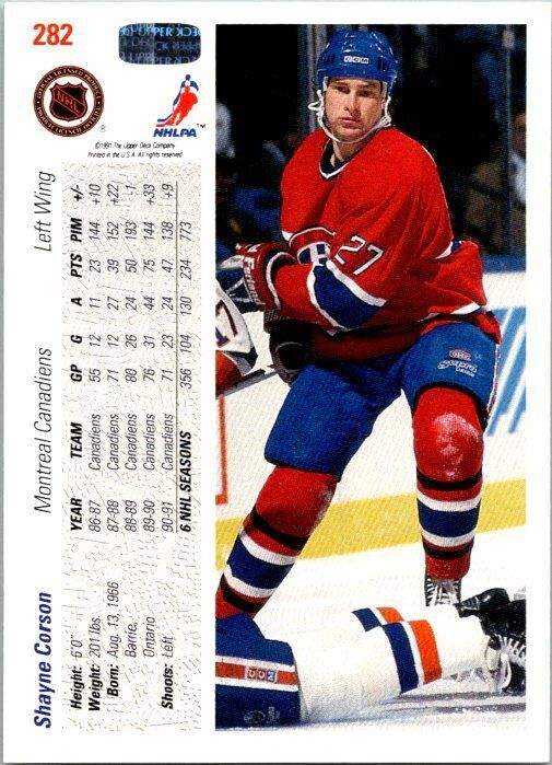 Shayne Corson Montreal Candadiens Hand Signed 1991-92 Upper Deck Card 282