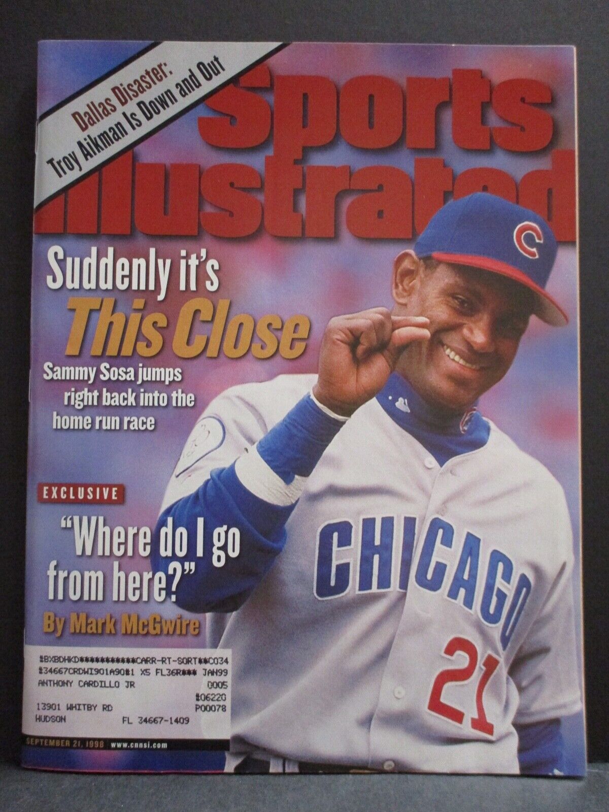 Sports Illustrated September 21 1998 Magazine Cubs Sammy Sosa Cover Ship. Label