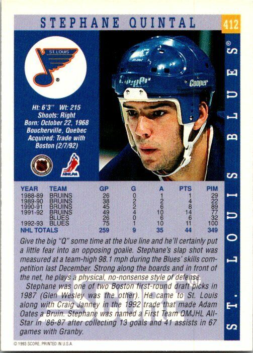 Stephane Quintal St. Louis Blues Hand Signed 1993-94 Score Hockey Card 412 NM