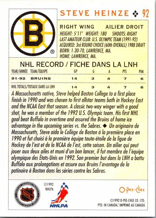 Steve Heinze Boston Bruins Hand Signed 1992 O-PEE-CHEE Hockey Card 92 NM