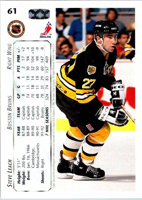 Steve Leach Boston Bruins Hand Signed 1992-93 Upper Deck Hockey Card 61 NM