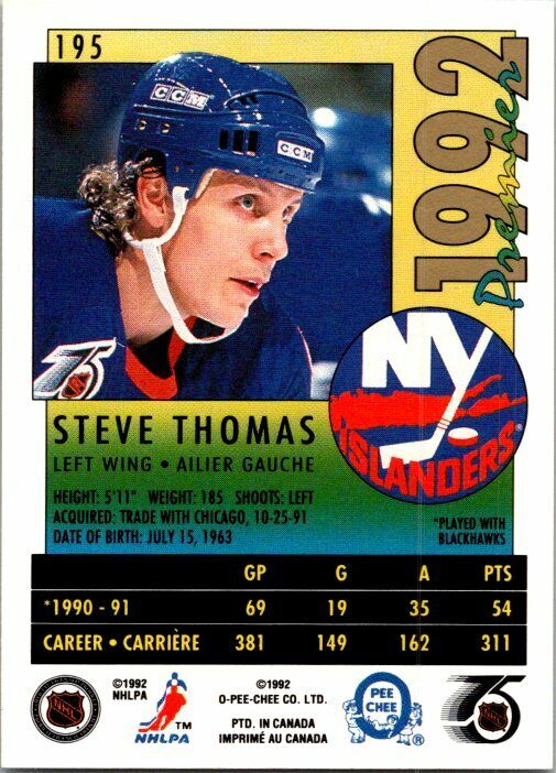 Steve Thomas New York Islanders Hand Signed 1991-92 OPC Hockey Card 195 NM