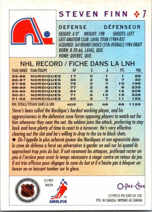 Steven Finn Nordiques Hand Signed 1992-93 O-PEE-CHEE Hockey Card 7 NM