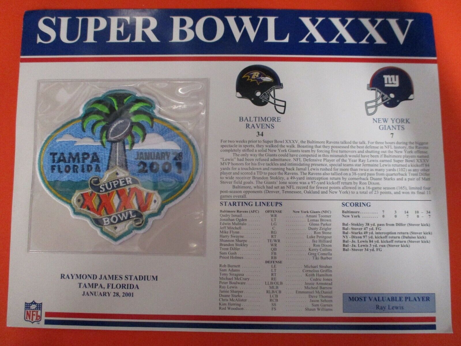 Super Bowl 35 XXXV Embroidered Patch ~4 Inch 2001 Ravens vs Giants MVP Lewis