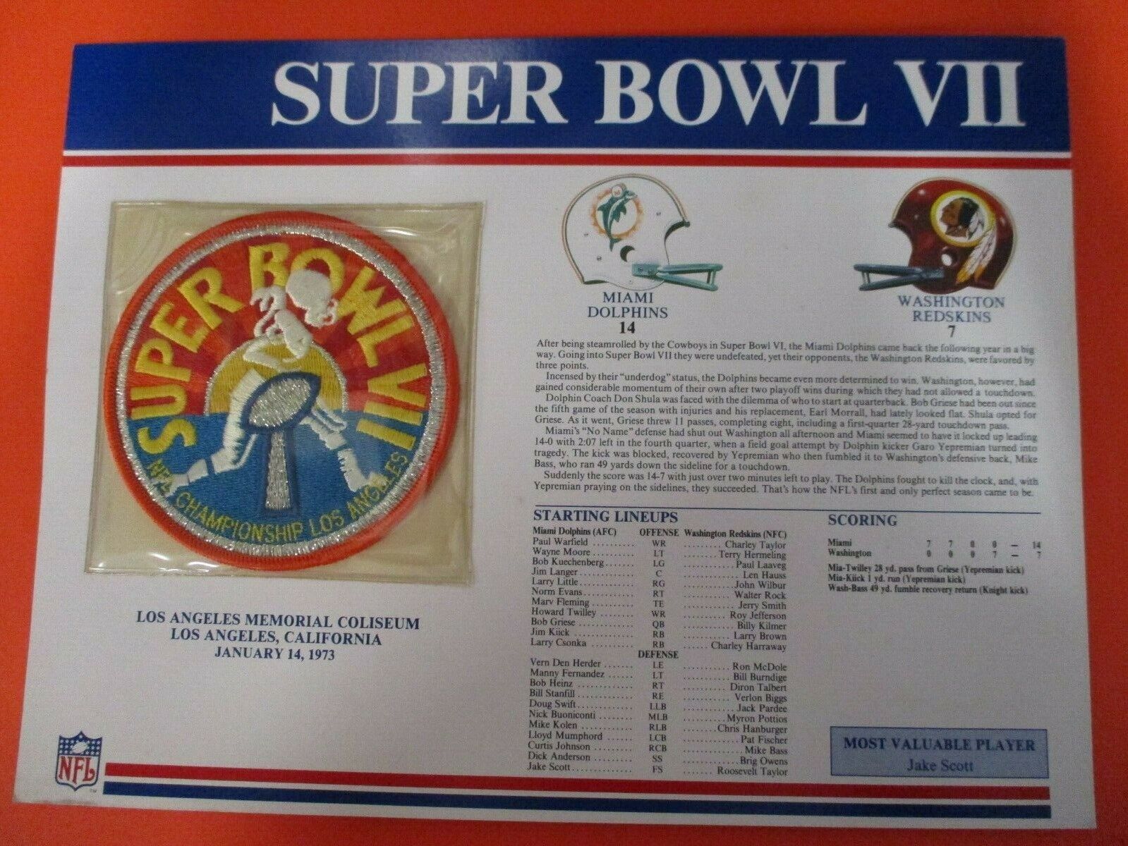Super Bowl 7 VII Embroidered Patch ~4 Inch 1973 Dolphins vs Redskins MVP Scott