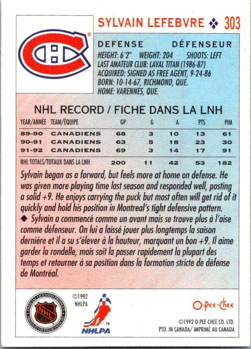 Sylvain Lefebvre Montreal Canadiens Hand Signed 1992-93 OPC Hockey Card 303 NM