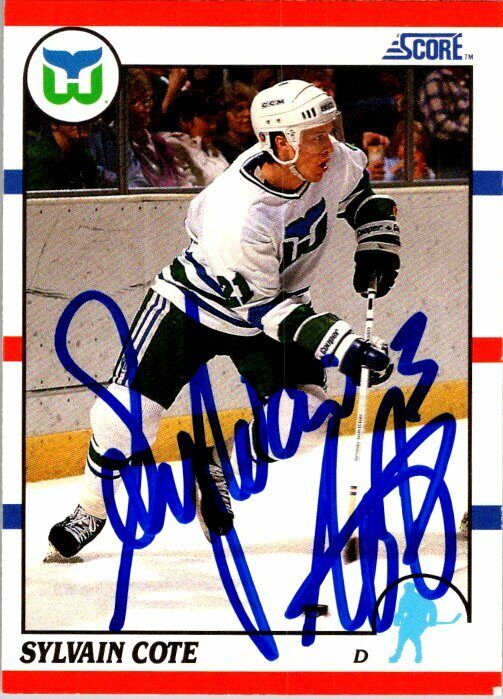 Sylvian Cote Hartford Whalers Hand Signed 1990-91 Score Hockey Card 83 NM-MT