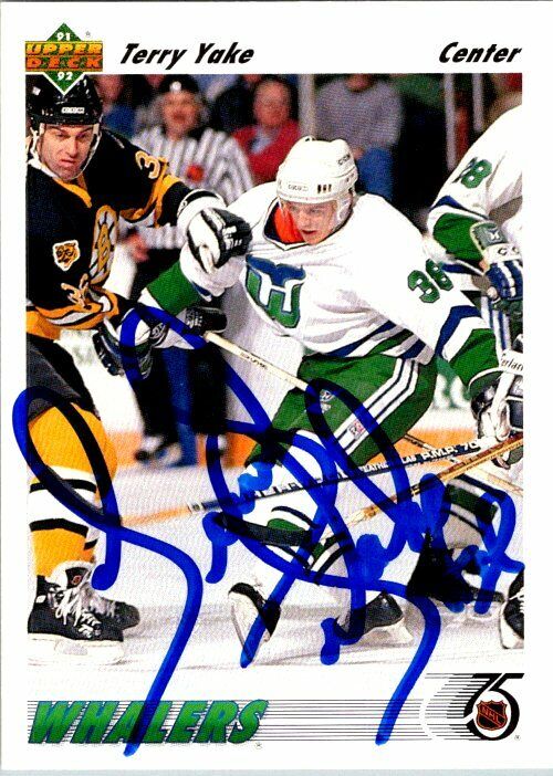 Terry Yake Hartford Whalers Hand Signed 1991-92 Upper Deck Hockey Card 323 NM