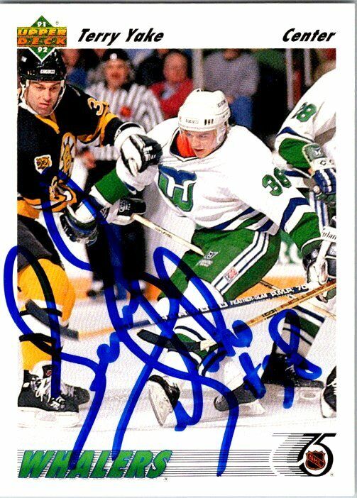 Terry Yake Hartford Whalers Hand Signed 1991-92 Upper Deck Hockey Card 323 NM