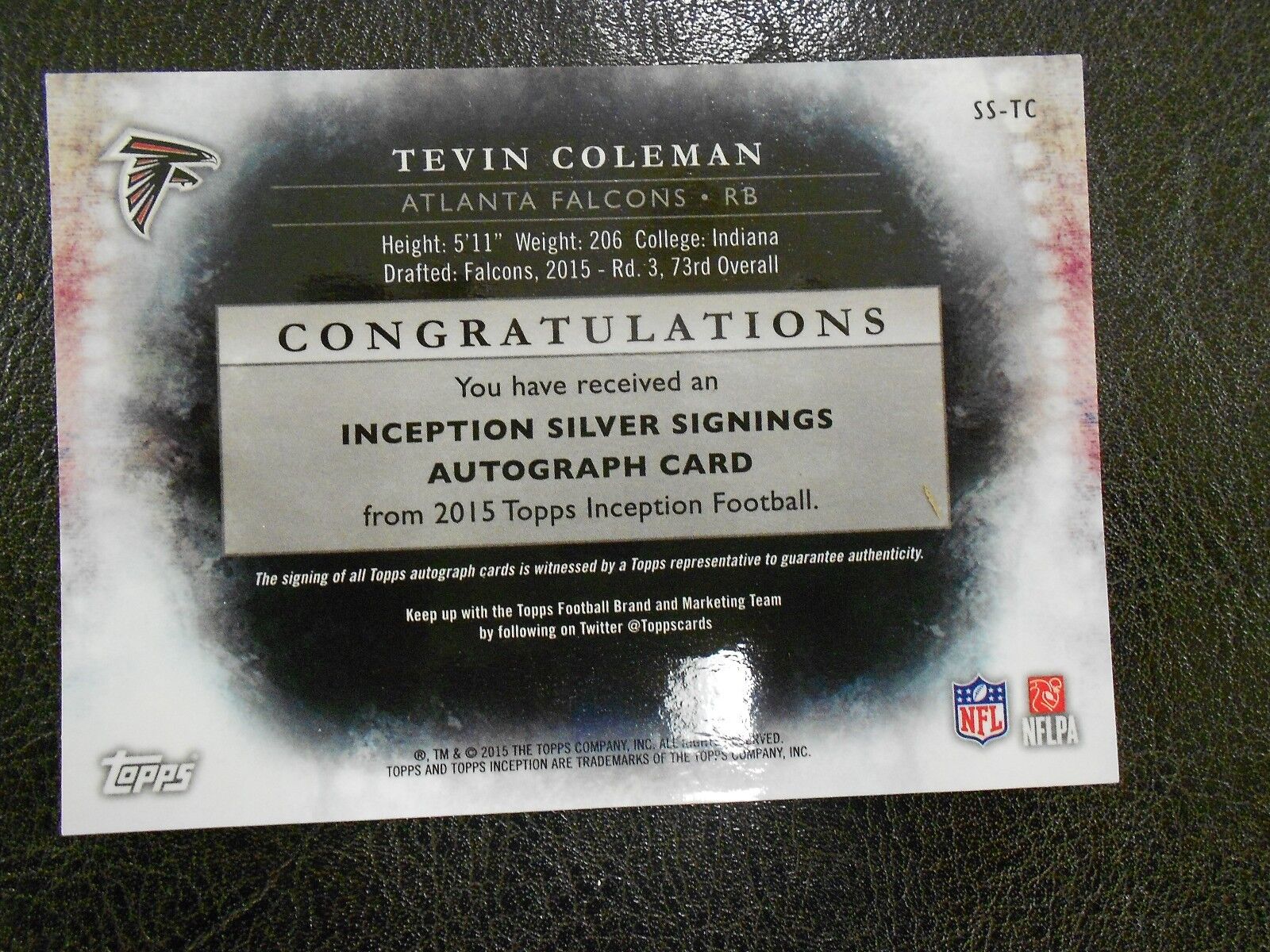 Tevin Colman 2015 Topps Inception Silver Signings SS-TC  15/50 Auto Card Falcon