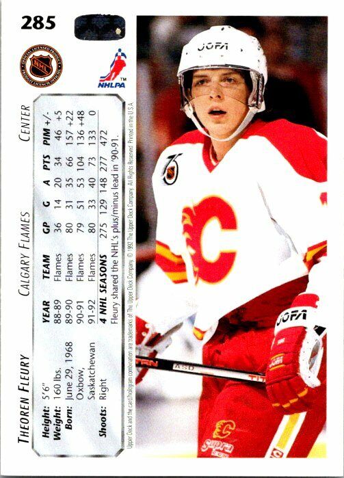 Theoren Fleury Calgary Flames Hand Signed 1992-93 UD Hockey Card 285 NM-MT