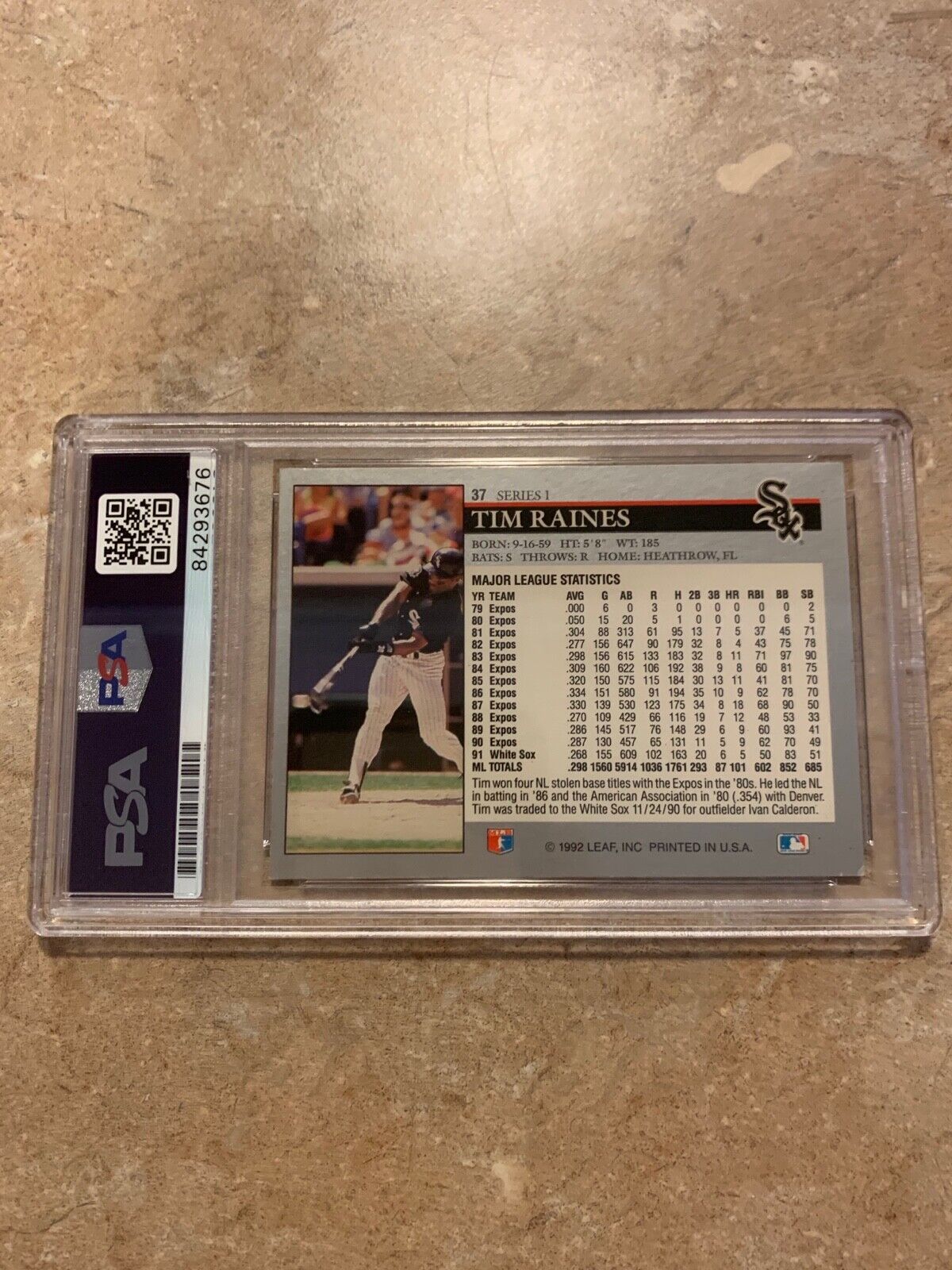Tim Raines Autographed 1992 Leaf Baseball Card 37 PSA Certified & Slabbed